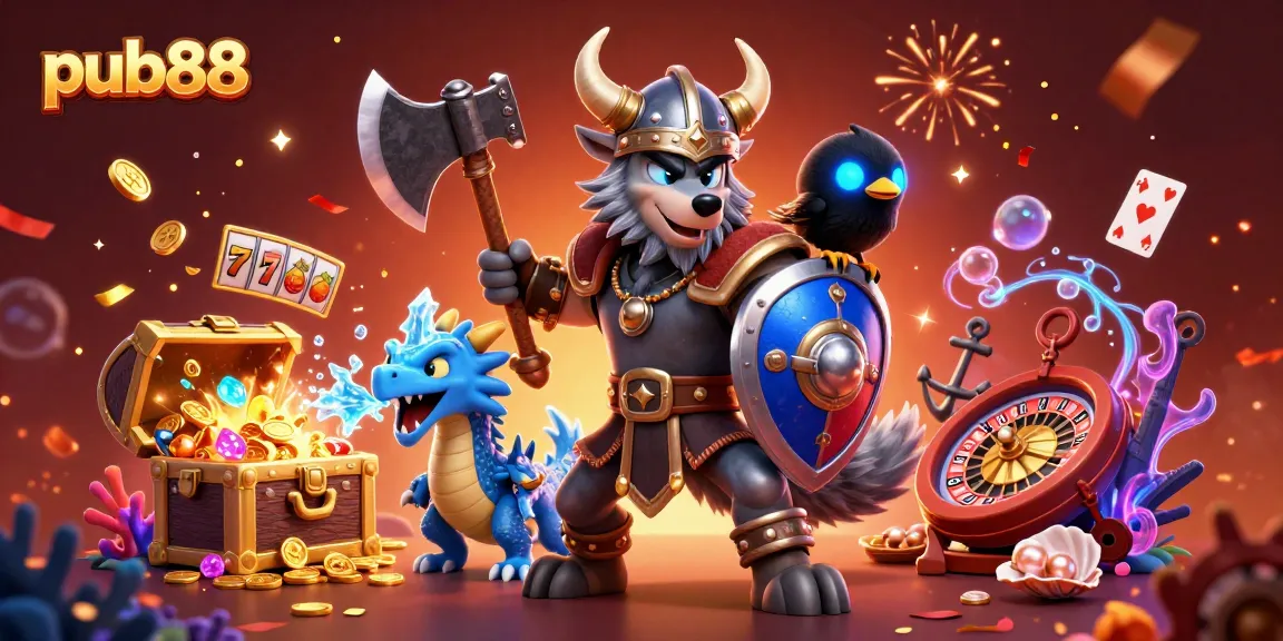 Engage with pub88's exciting offers as a Viking warrior faces epic casino games in this dynamic illustration.