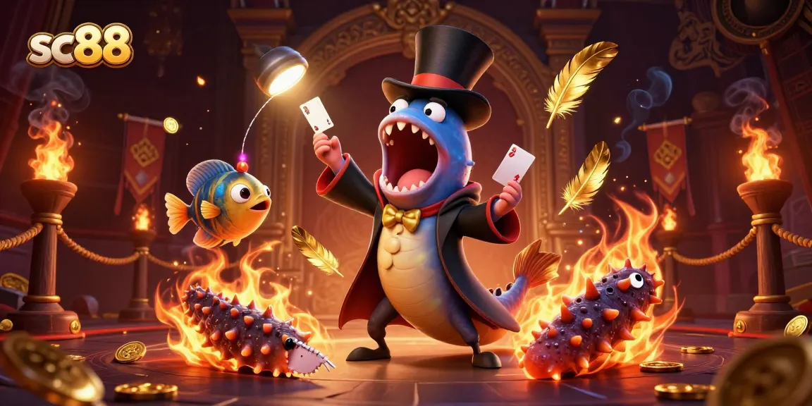 Experience sc88's magic act with an eel performing card tricks amidst a rich casino atmosphere.