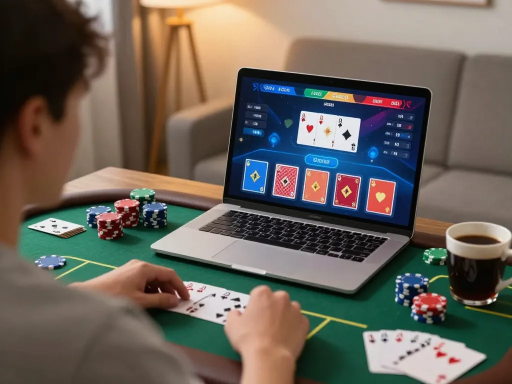 Nego77 player enjoying poker gameplay on a laptop, surrounded by strategy notes and warm lighting.