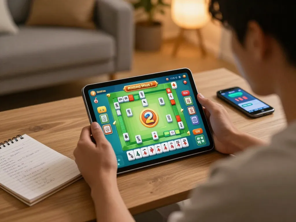 strategi risiko mahjong ways 2 pemain terlibat dalam permainan online di rumah dengan catatan strategi dan smartphone.