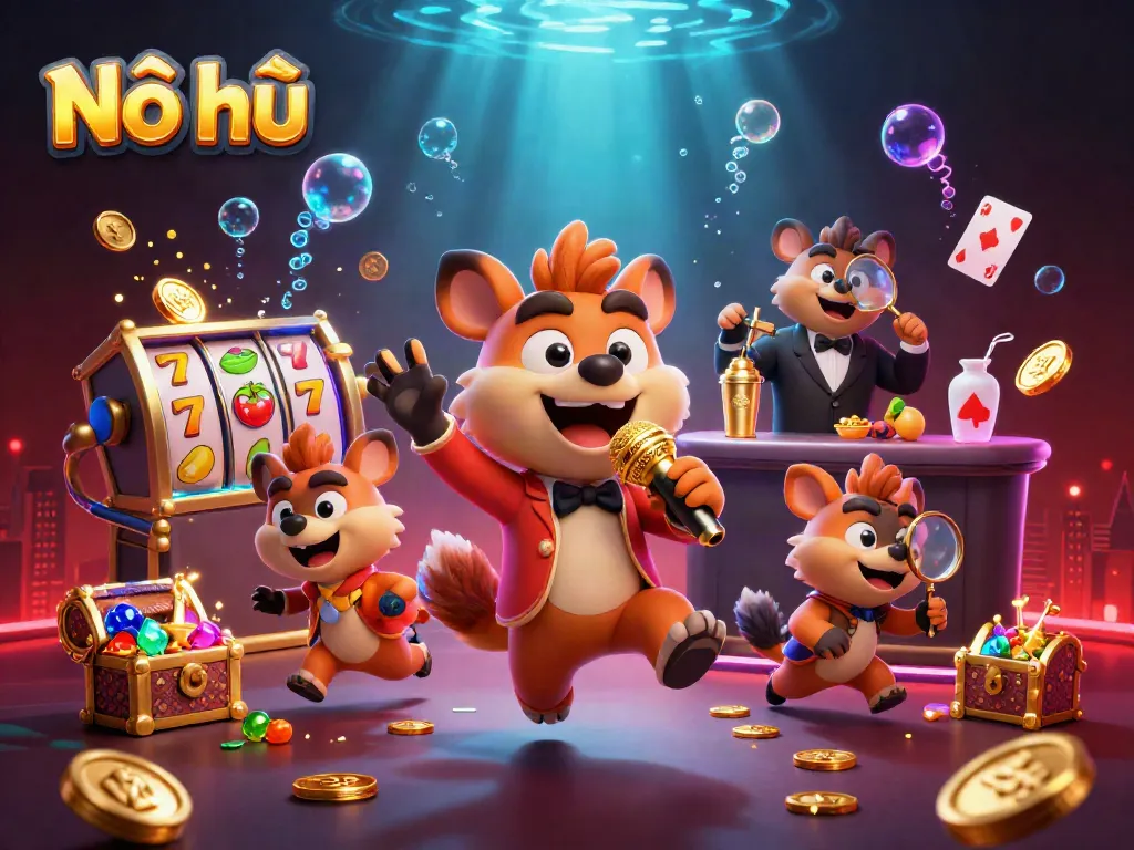 Nổ hũ entertainment scene featuring hyenas, colorful slot reels, and underwater treasures in a vivid casino setting