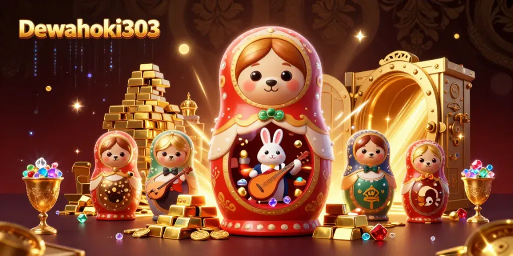 Dewahoki303 menghadirkan suasana kasino yang menarik dengan beruang Matryoshka dan karakter dealer, gemerlap emas.