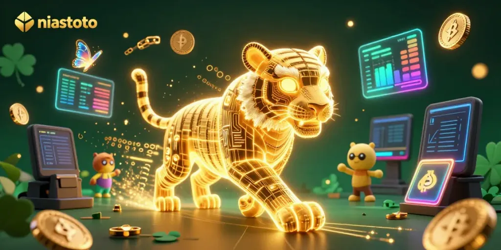 Experience thrilling moments at NIASTOTO with a vibrant 3D digital casino scene featuring energetic characters and game elements.