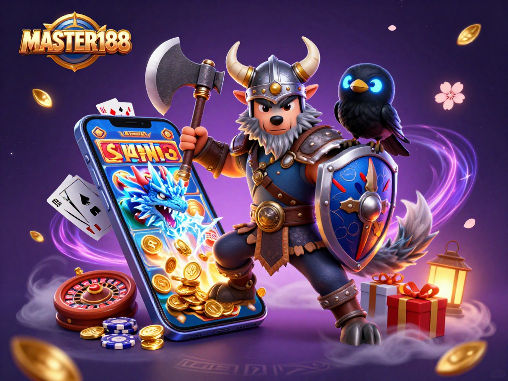 Engage with MASTER188's thrilling gaming atmosphere featuring characters amidst dynamic slots and casino elements.