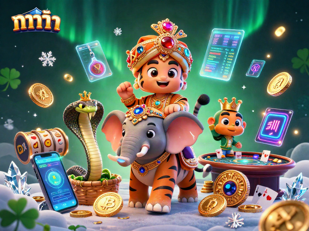 Engage in baccarat with a vibrant image featuring a maharaja tiger, casino elements, and neon cryptocurrencies.