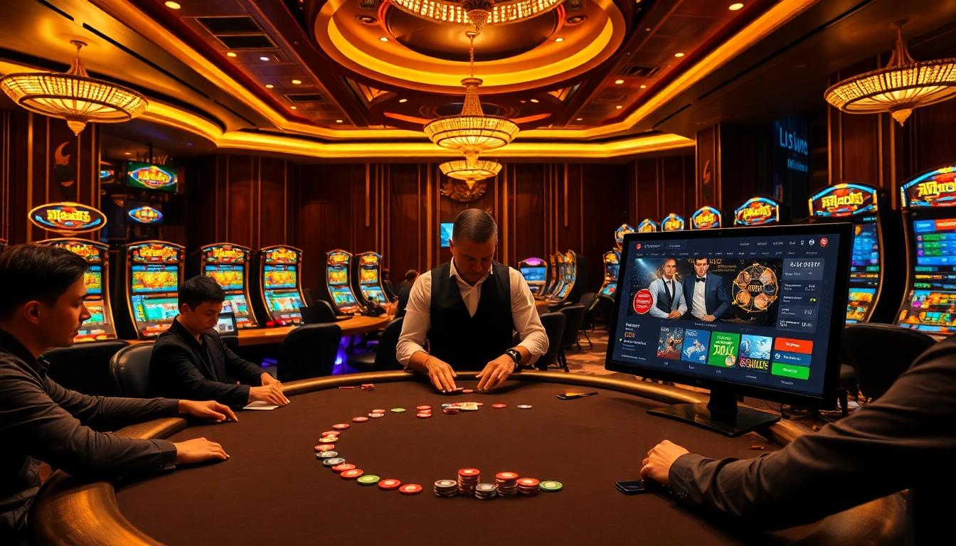 A professional gaming setup highlighting 包网 services, featuring an intense poker match amid a luxurious casino atmosphere.
