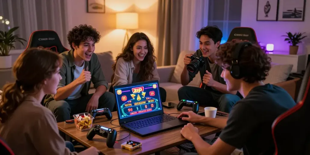 Friends enjoying an exciting gaming night with the 2up casino interface on laptop.