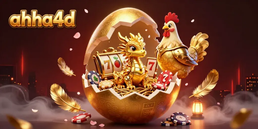 Koleksi permainan AHHA4D dengan naga kristal emas dan simbol slot yang memikat dalam ilustrasi 3D.