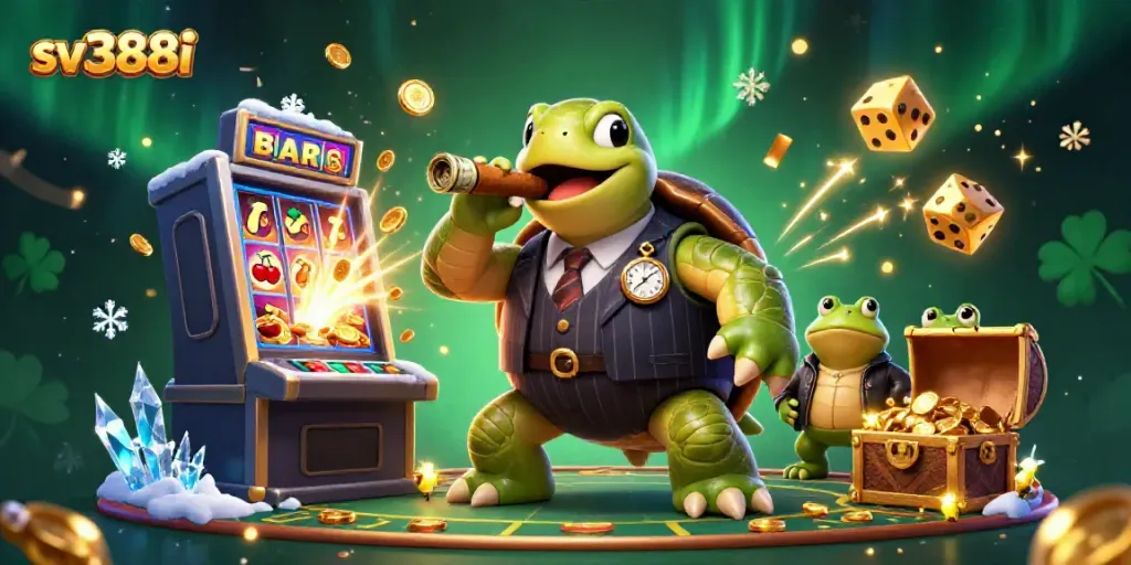 Engage in thrilling gameplay at sv388i with a dynamic 3D scene featuring a snapping turtle and bullfrogs amidst vibrant casino elements.