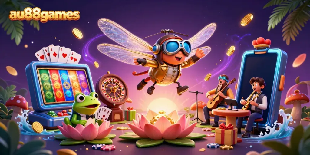 Engage in thrilling gameplay at au88games with a dragonfly pilot and a frog croupier in a vibrant casino scene.