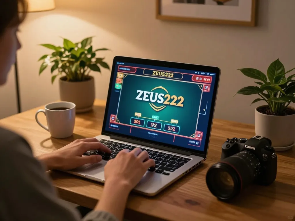 Engaging scene of online gambling with ZEUS222 on the screen, showcasing responsible gaming atmosphere.