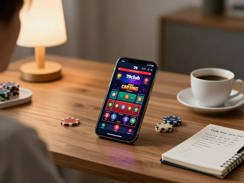 Mobile gaming at 79club with a smartphone displaying exciting live dealer games in a cozy setup.