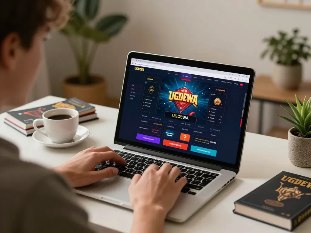 Player strategizing on UGDEWA platform from a cozy home office, highlighting online gambling experience