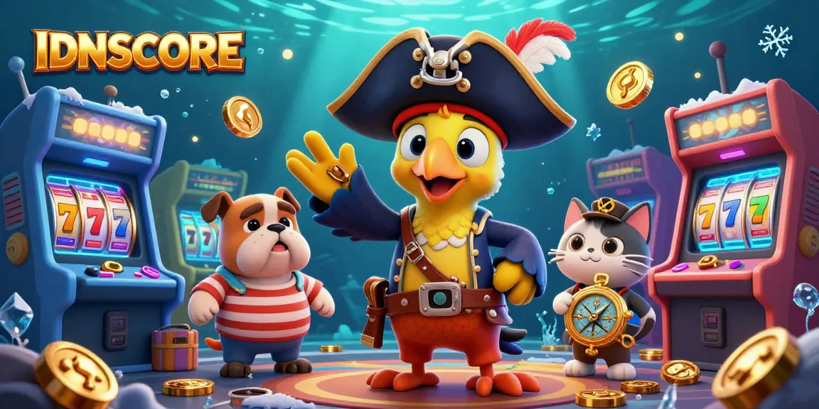 IDNSCORE showcases exciting gaming action featuring colorful slot machines and characters in a dynamic 3D environment.