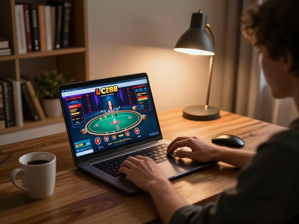Engaged player enjoying LC88 online casino on laptop with vibrant game interface.