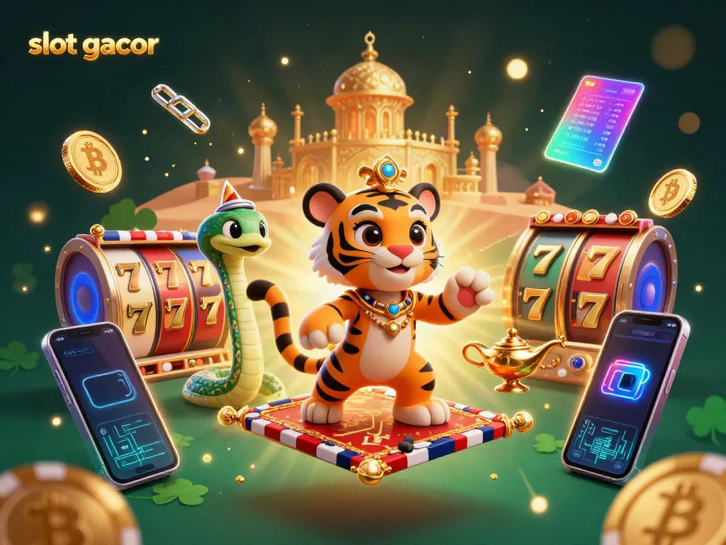 Mainkan slot gacor dengan slot reels dan simbol keberuntungan di latar belakang.