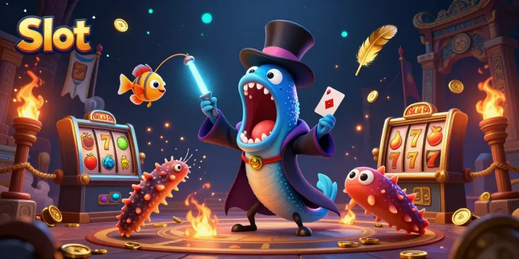 Slot menggambarkan ikan gulper dalam jubah magis, pertunjukan kartu, dan daftar mesin slot dengan efek visual menarik.