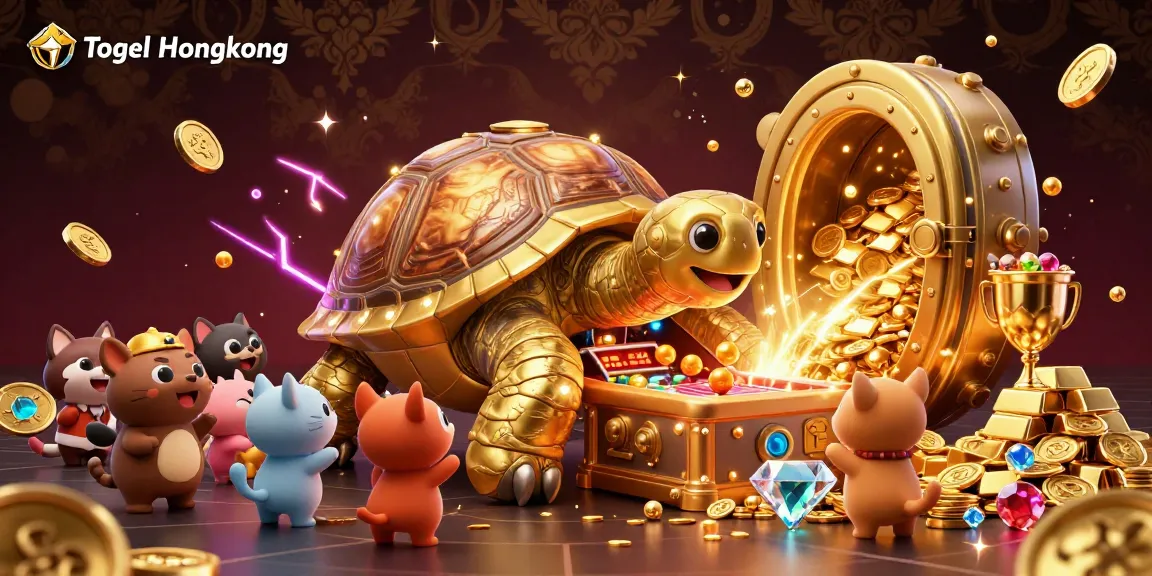 Togel Hongkong showcases a vibrant scene with a cartoon tortoise pinball machine and gleaming treasures.