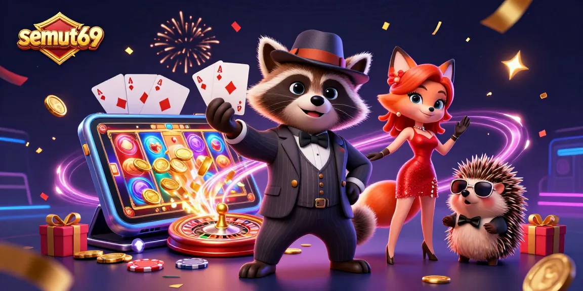 Semut69 merayakan kemenangan dengan kartu royal flush di kasino yang meriah.