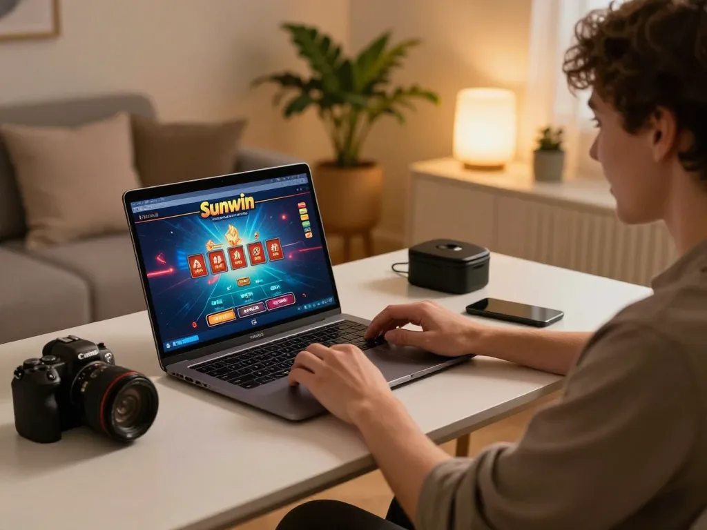 Person using Sunwin online casino app on a laptop in a cozy home setting with plants.