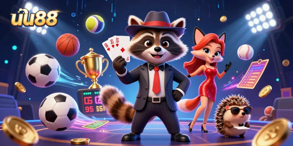 Betting action with uu88 illustrating a suave raccoon, glamorous fox, and bouncer in a vibrant casino scene.