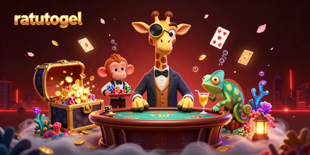 Tindakan kemenangan ratutogel di kasino dengan karakter unik, termasuk jerapah dan monyet.