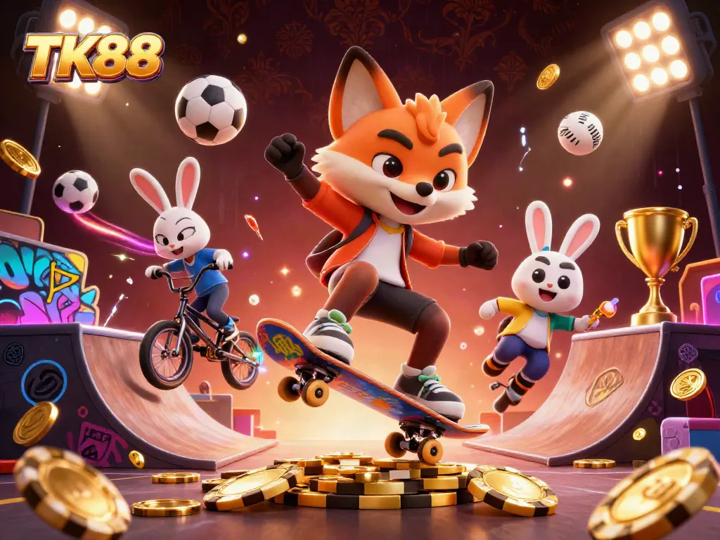 Play exciting games with TK88's vibrant casino-themed illustration featuring dynamic characters and elements.