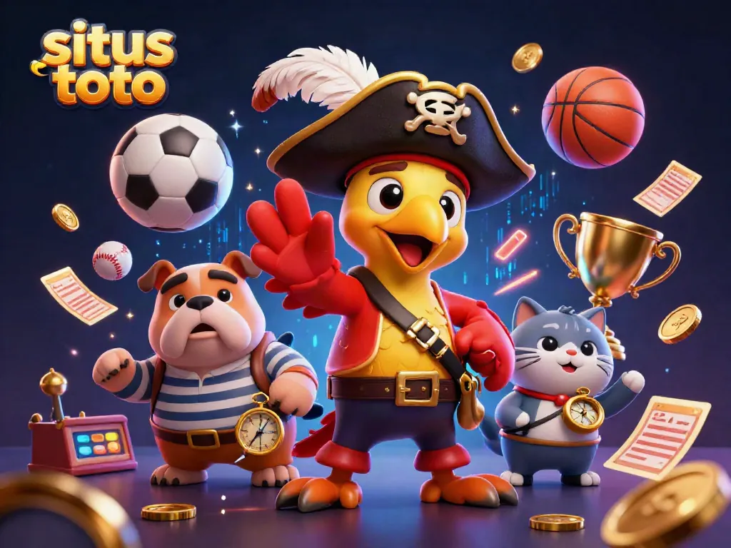 Place bets and win big with situs toto illustrated by a cartoon pirate captain, bulldog, and cat in a vibrant casino.