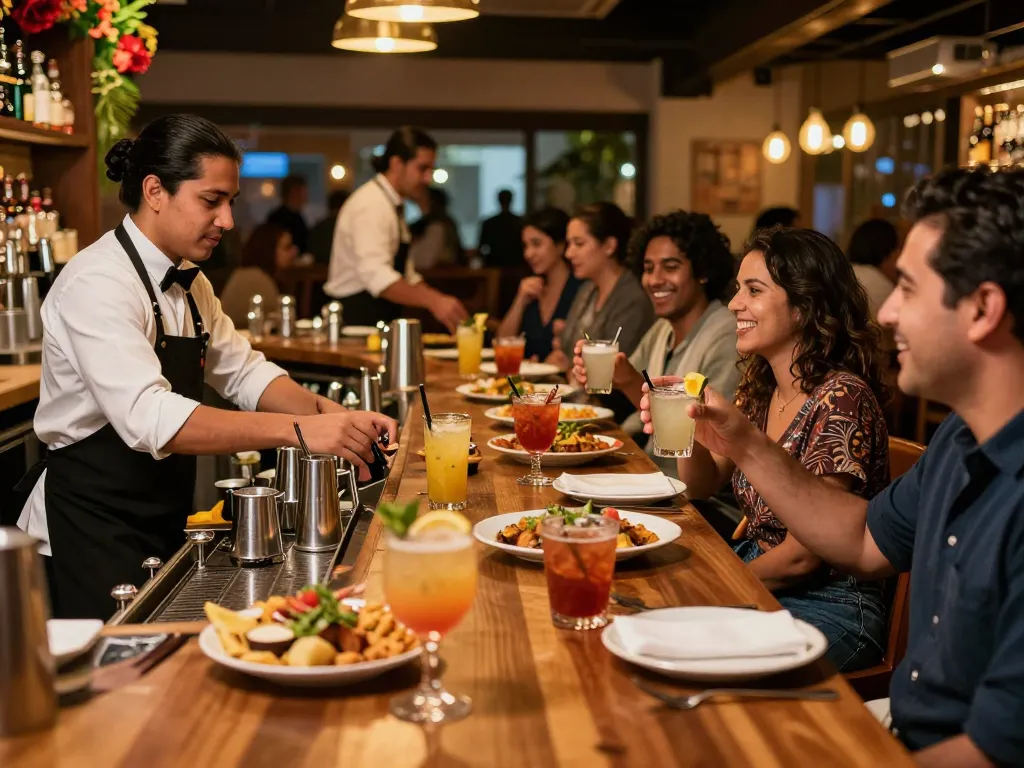 Enjoying gourmet dishes at a cantina grill with vibrant atmosphere and lively patrons.