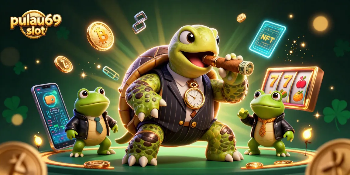 Spin the pulau69 slot with a rich 3D illustration featuring a snapping turtle, frog enforcers, and crypto elements.
