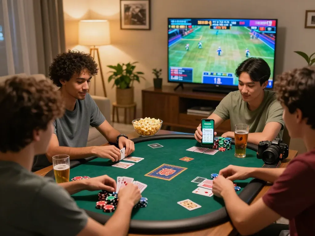 Friends enjoying a home gambling night with Seributoto app displayed on smartphone.