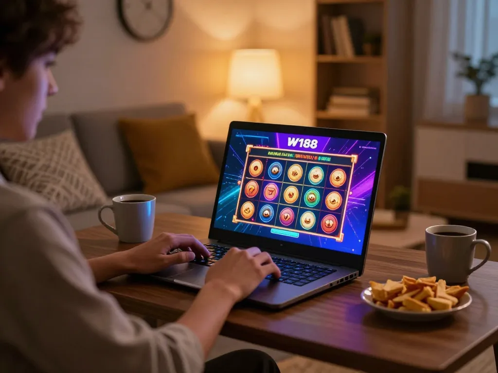 Experience online gaming with https://w188.bid/ displayed on a laptop screen in a warm, inviting home environment.