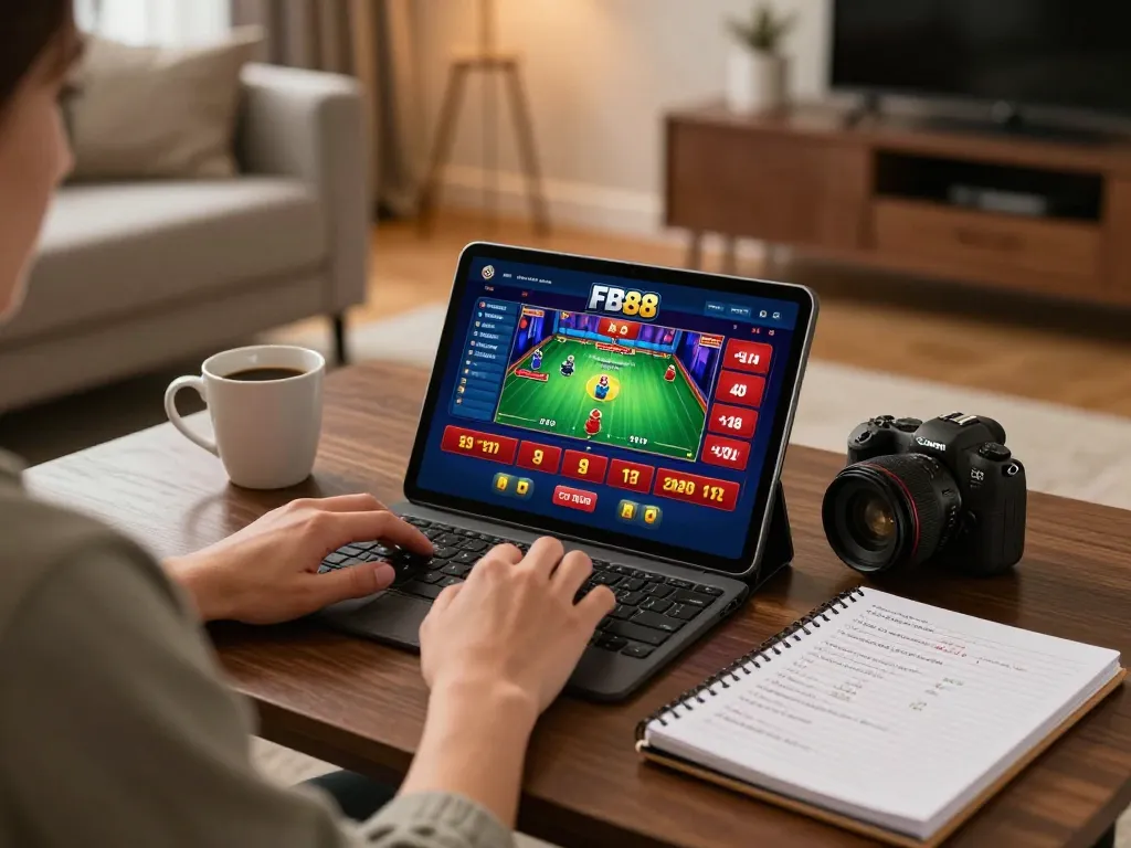Player enjoying the online FB88 casino platform on a tablet at home.