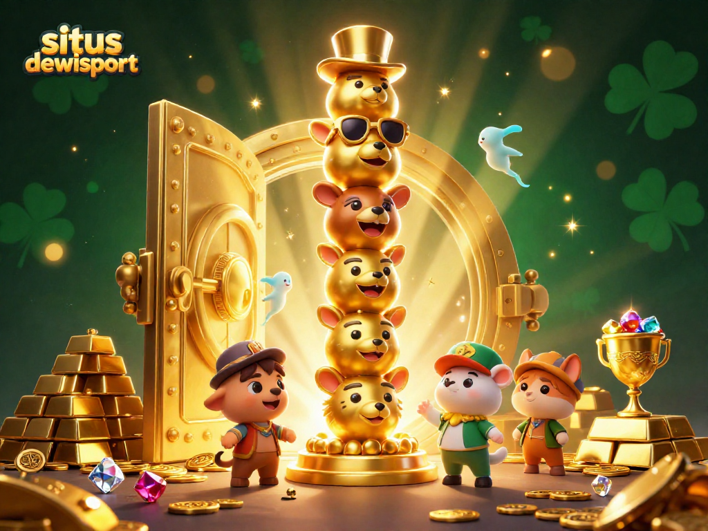 Spin and win at situs dewisport with vibrant 3D casino illustration of a lively totem and treasures.