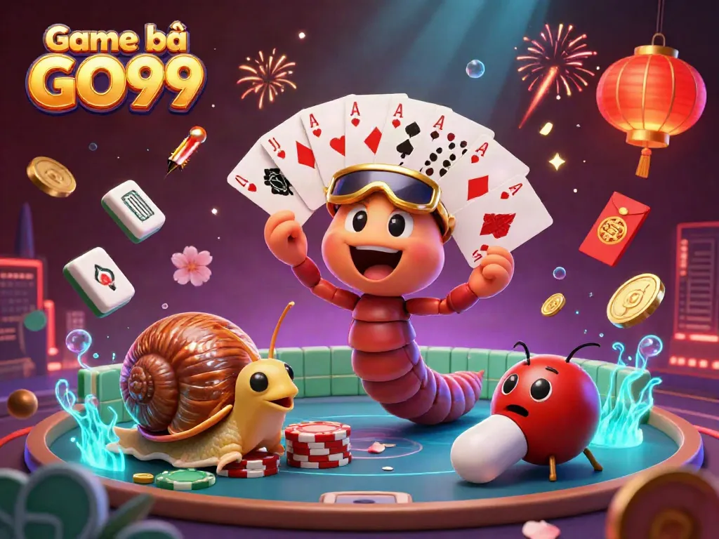 Engage with Game bài GO99 featuring a millipede dealer showcasing cards, a snail pushing chips, and dynamic casino elements.