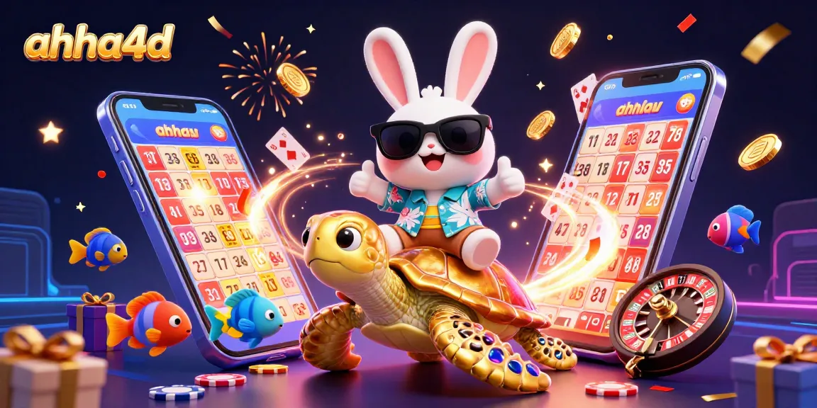 Play lottery effortlessly with ahha4d, featuring a cheerful rabbit and golden turtle in a vibrant casino scene.