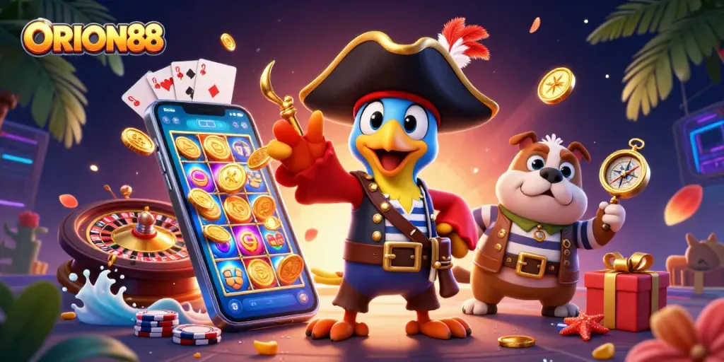 Engage with ORION88's thrilling slot gaming adventure featuring vibrant characters and casino elements.
