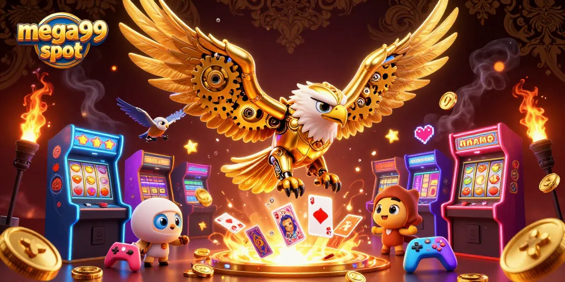Experience thrilling action with mega99 slot's vibrant 3D illustration of jackpot games and excitement.