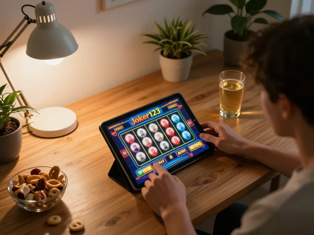 Jamsosindonesia player spins the Joker123 slots on tablet in a cozy home setting