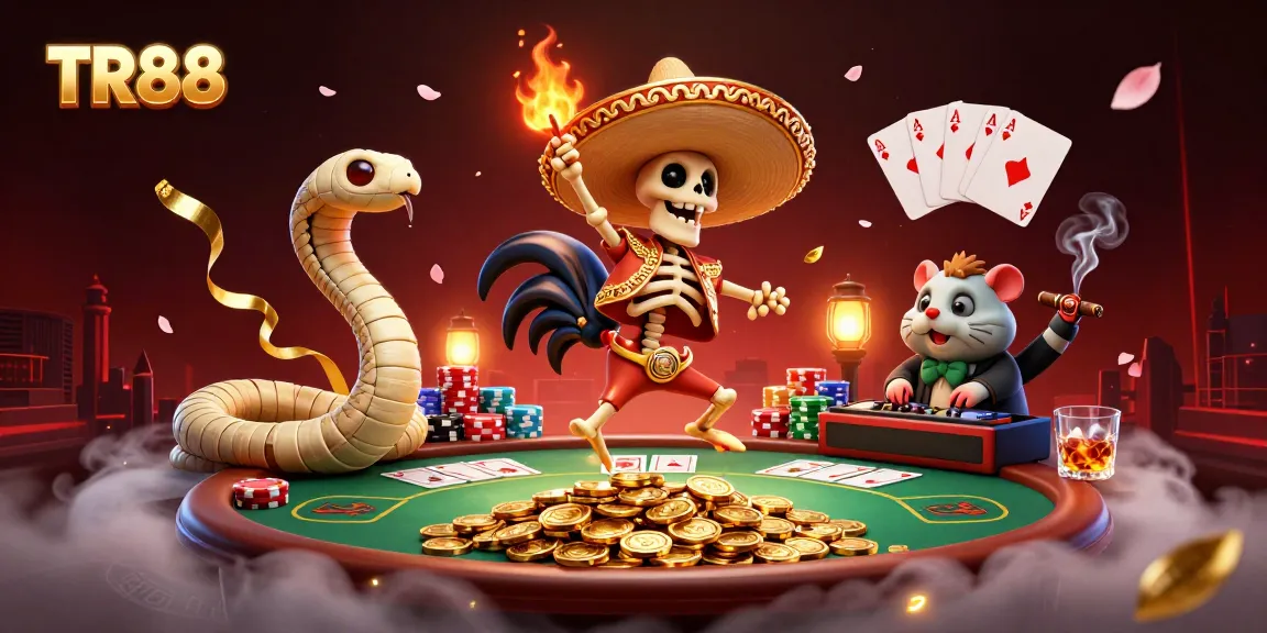 TR88 showcases a vibrant casino scene with a dancing skeleton rooster, a mummy snake, and a DJ hamster among poker elements.