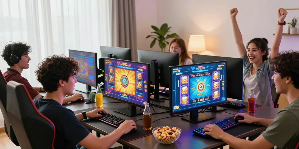 Pengalaman bermain rtp slot dengan teman di meja modern, suasana ceria dan penuh warna.