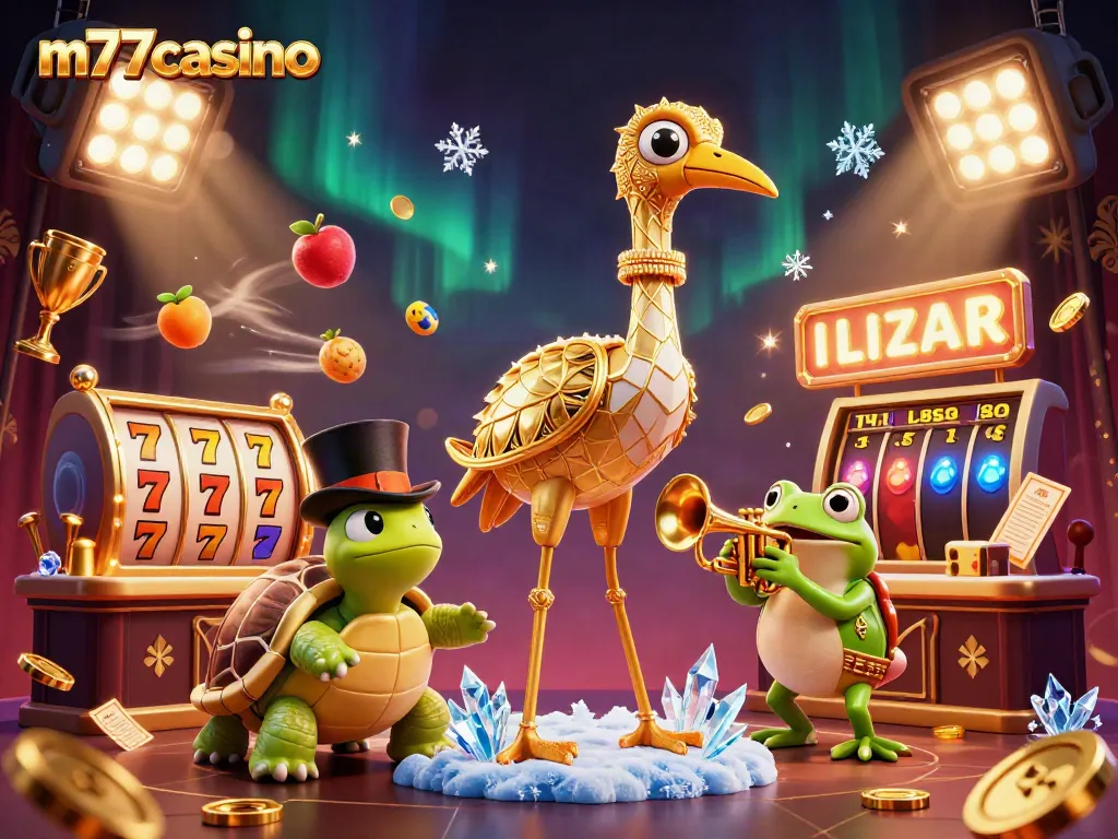 Visual jackpot m77casino dengan simbol slot, karakter kartun, dan elemen kasino yang kaya.