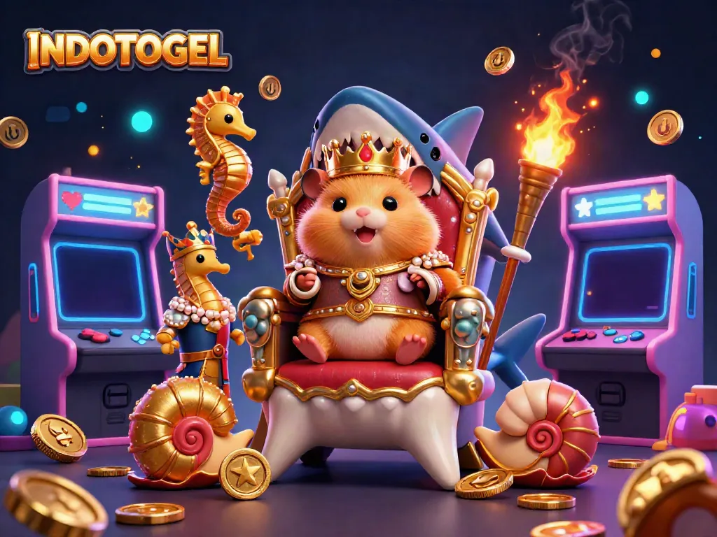 INDOTOGEL menampilkan raja hamster emas di atas gigi hiu megalodon, dikelilingi mesin permainan 3D.