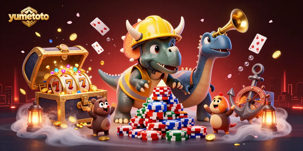 Experience the thrill of yumetoto with a vibrant casino scene featuring a triceratops and endless poker chips.