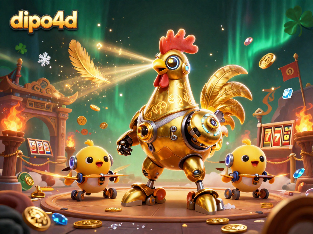 Engage with dipo4d gaming action featuring a golden rooster robot shooting lasers amidst slot machines and coins.