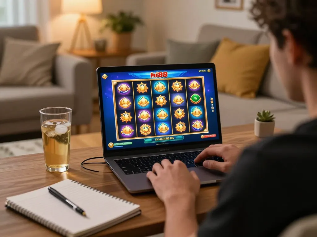 Exciting gameplay of hi88 nổ hũ on laptop showing colorful slot reels and strategic notes