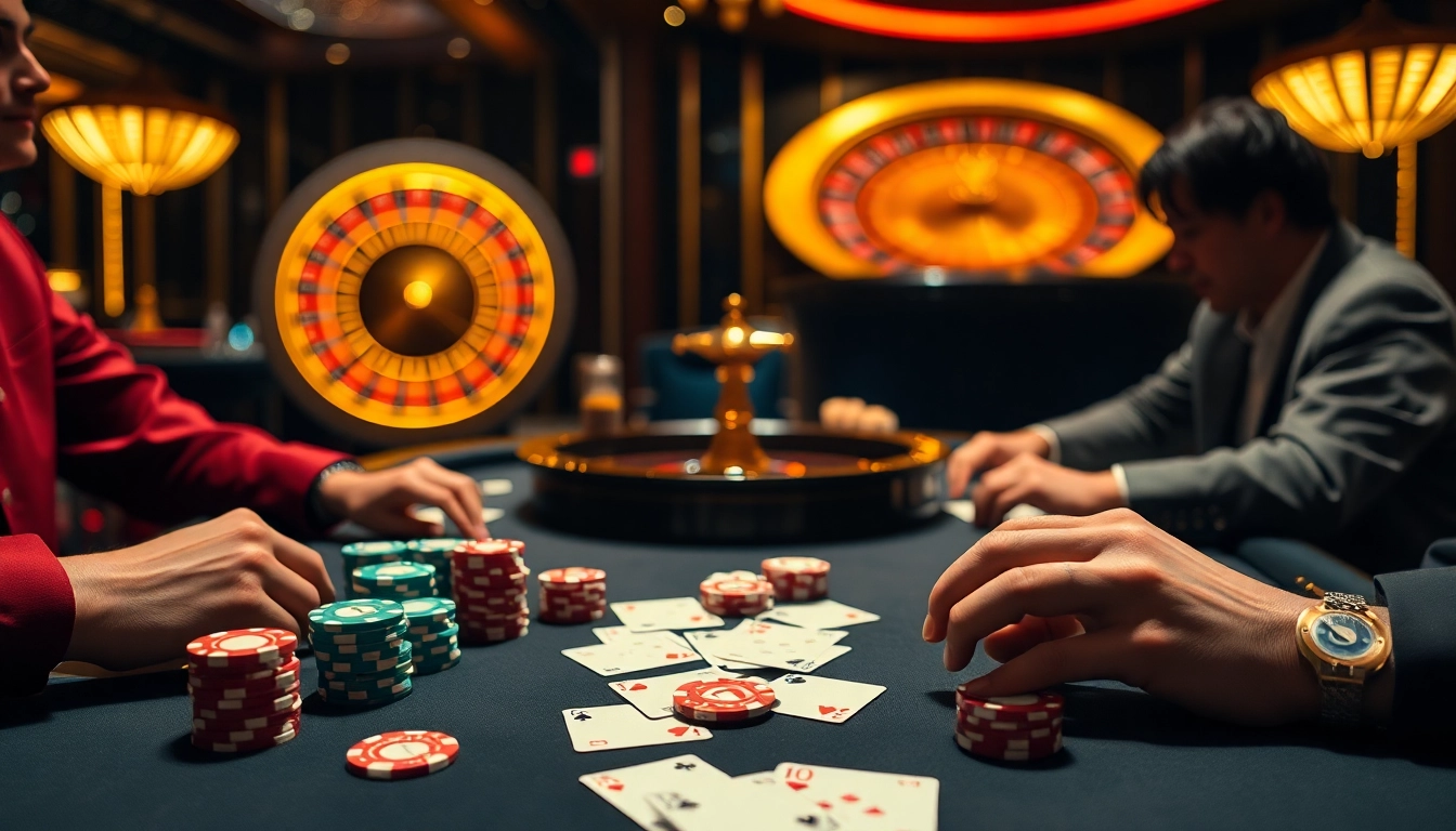 Nohu90 offers a thrilling casino experience with vibrant poker chips and players at a roulette table.