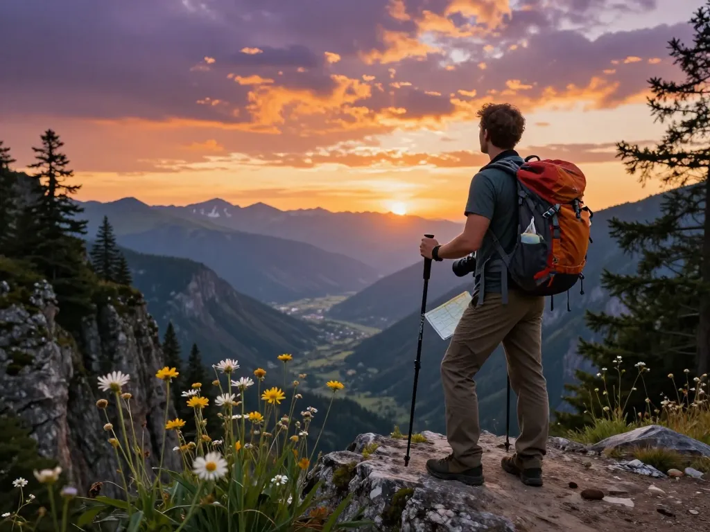Traveler at scenic mountain overlook during sunset, enjoying the beauty of Fly88.