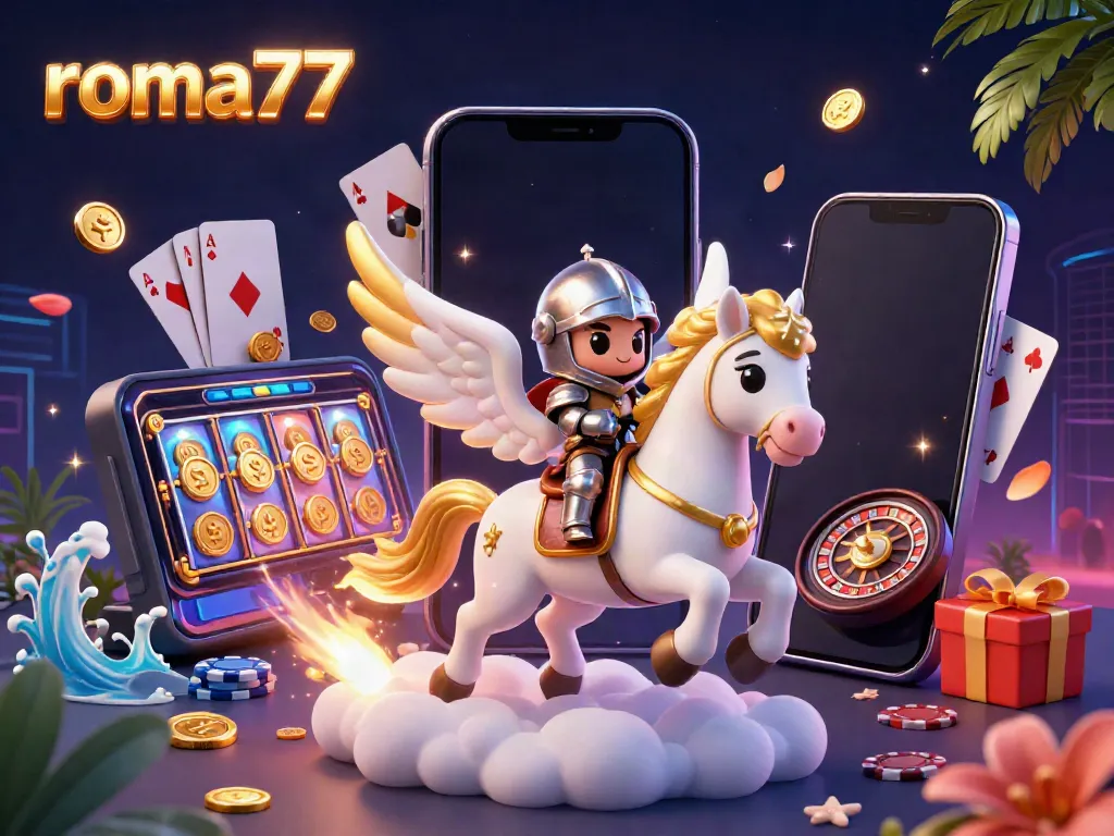 Ilustrasi 3D roma77 dengan karakter kuda bercahaya dan elemen kasino yang menarik.