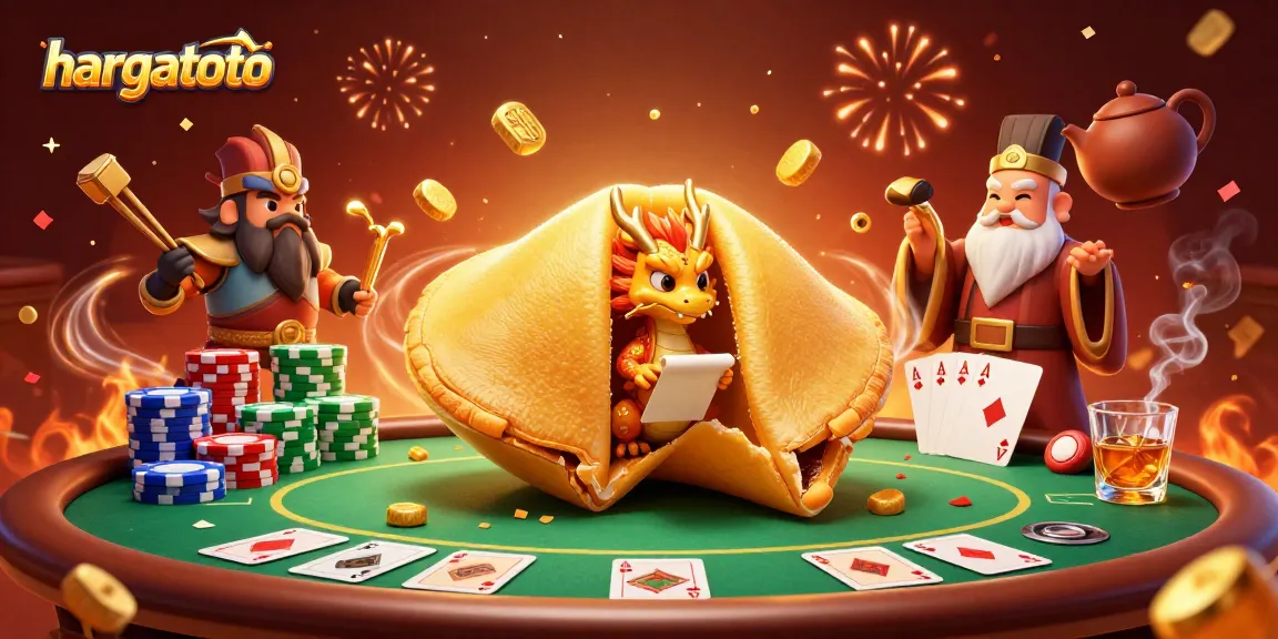 Win at hargatoto with an extravagant 3D casino scene showcasing poker and fortune cookie charms.